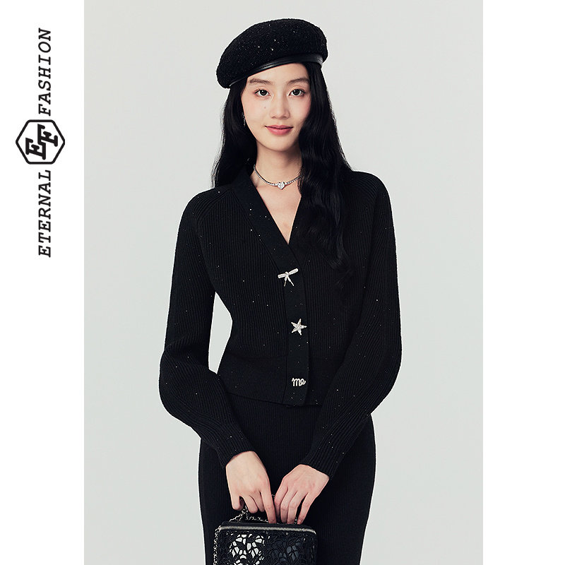 EF秋冬新款黑色针织衫长袖上衣毛衣开衫修身显瘦内搭毛衫女