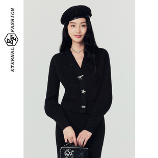 EF秋冬新款黑色针织衫长袖上衣毛衣开衫修身显瘦内搭毛衫女