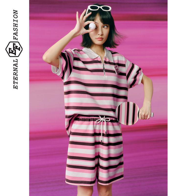 EF休闲通勤宽松时尚翻领简约套装2025秋季新款条纹短裤上衣两件套