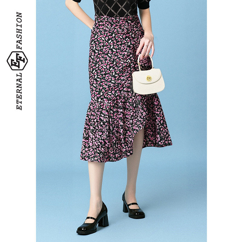 EF小众设计感时尚高腰中长裙春季新款包臀裙复古碎花半身裙