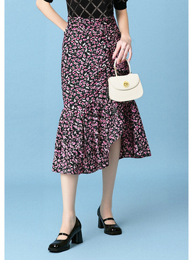 EF小众设计感时尚高腰中长裙2025春季新款包臀裙复古碎花半身裙