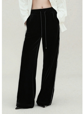 EF高腰松紧简约丝绒阔腿裤长裤2025冬季新款宽松慵懒风休闲裤