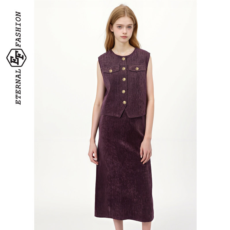 EF复古时尚单排扣马甲上架显瘦包臀裙2025冬季新款两件套套装裙