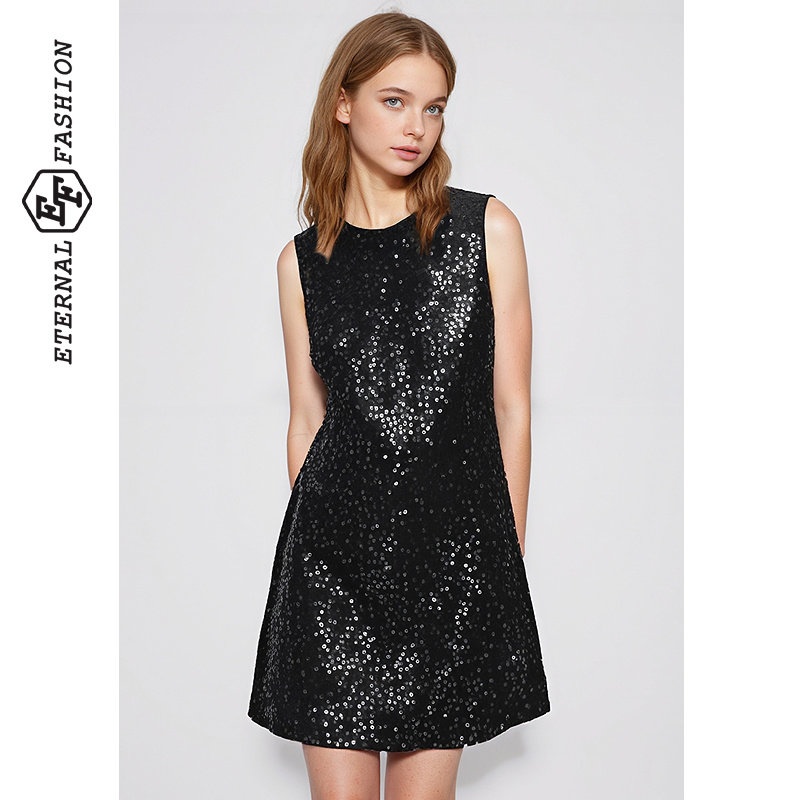EF黑色亮片无袖连衣裙2025冬季新款派对礼服通勤约会小黑裙