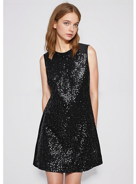 EF黑色亮片无袖连衣裙2025冬季新款派对礼服通勤约会小黑裙