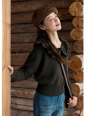 EF【商场同款】冬季新款复古娃娃领通勤毛衫修身短款精致针织衫