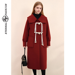 EF绵羊毛100%保暖口袋毛呢外套2025冬季新款双面呢牛角扣中长大衣