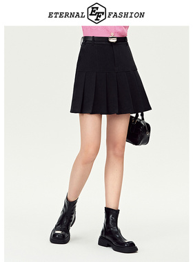 EF女装春夏新款半裙气质通勤小黑裙高腰A字百褶裙
