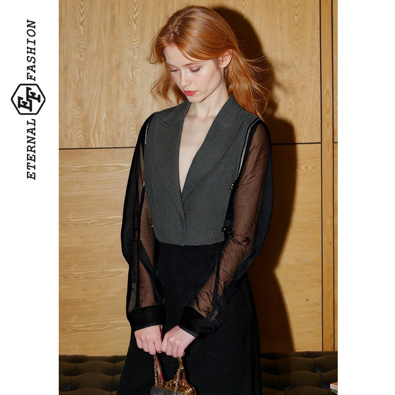 EF设计感复古网纱拼接西装外套2026春季新款可拆卸拉链短款上衣,女装/女士精品,西装,淘宝优惠券,粉丝福利购,淘宝优惠卷