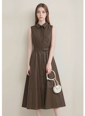 EF复古时尚气质修身显瘦中长裙2025冬季新款收腰翻领显瘦连衣裙