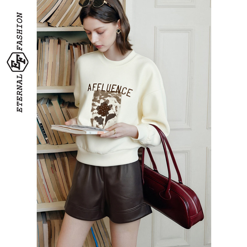 EF【商场同款】时尚短款卫衣2025秋冬新款圆领宽松百搭上衣女装