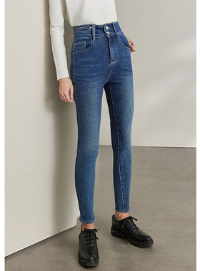 EF复古气质高腰弹力双排扣牛仔小脚裤2025秋季新款百搭铅笔裤