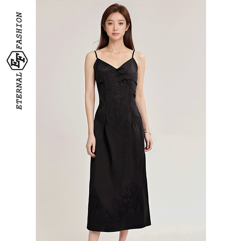 EF度假风新中式提花吊带连衣裙女夏季新款高级感气质裙子黑色