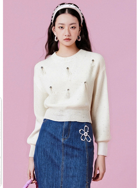 EF甜美减龄白色毛衣女2026春季新款羽毛亮片时尚长袖短款针织衫