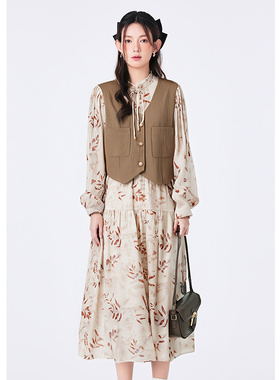 EF复古碎花连衣裙外搭马甲两件套2025秋季新款宽松通勤文艺套装