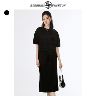 EF时尚通勤运动卫衣套装裙夏季新款圆领短袖T恤半身裙两件套