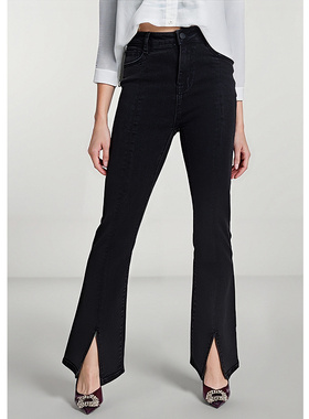 EF2025秋季新款高腰显瘦微喇牛仔裤复古毛边开叉修身小个子喇叭裤