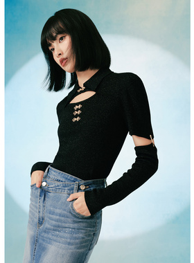 EF设计感显瘦手袖拼接气质针织衫2025冬季新款镂空设计套衫毛衫