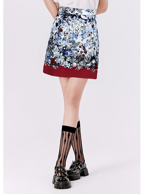 EF国风复古印花拼色高腰短裙2025秋季新款百搭气质显瘦显高半裙