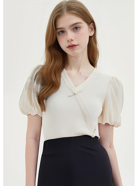 EFV领绑带针织拼接上衣2025秋季新款泡泡袖修身甜美短款上衣