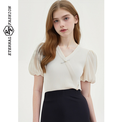 泡泡袖修身甜美短款上衣