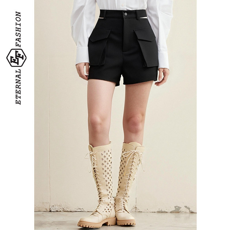 EF工装风口袋设计感时髦休闲裤2025冬季新款高腰阔腿简约直筒短裤