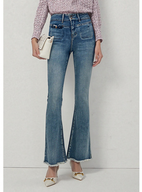 EF设计感复古时尚毛絮气质长裤女2025冬季新款高腰修身显瘦牛仔裤