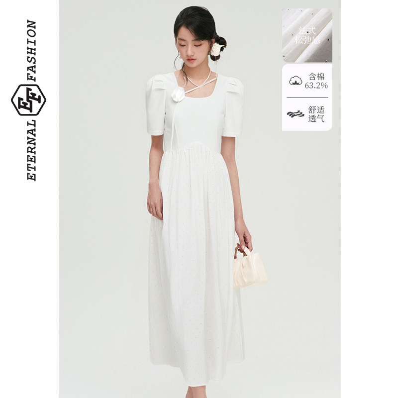 EF温柔风优雅小清新显瘦中长裙2026夏季新款浪漫花朵装饰连衣裙