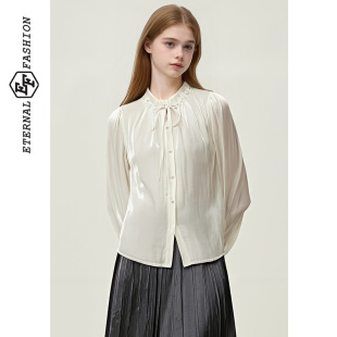 EF【商场同款】温柔风时尚气质简约衬衫2025秋冬新款绑带气质上衣