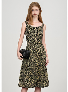 EF法式复古风蝴蝶结碎花连衣裙2025冬季新款收腰通勤约会中长裙