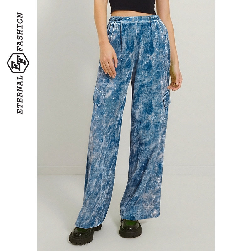 EF宽松抽绳松紧腰扎染阔腿裤2025冬季新款渐变复古休闲直筒长裤,女装/女士精品,休闲裤,淘宝优惠券,粉丝福利购,淘宝优惠卷