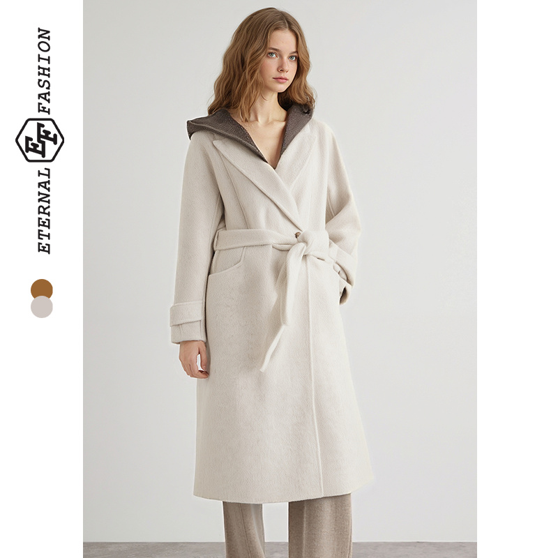 EF【95.8%绵羊毛 】撞色连帽双面呢韩系大衣外套2025年冬季新款