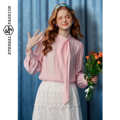 春季新款减龄飘带领上衣女