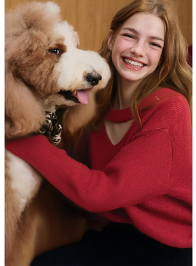 EF【商场同款】复古简约镂空设计针织衫春季新款圣诞红长袖毛衫