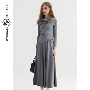 EF慵懒风时尚不规则上衣显瘦A字裙2025冬季新款两件套套装裙子