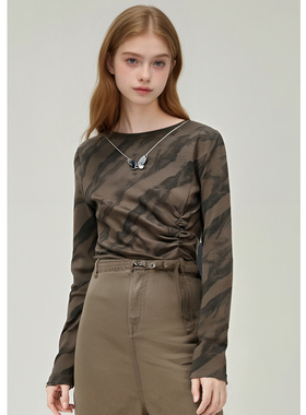 EF简约百搭风T恤上衣2025秋冬季新款链条开衩长袖通勤打底衫