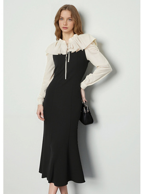 EF法式复古黑白拼接修身显瘦连衣裙2025冬季新款约会通勤鱼尾长裙