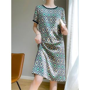 T恤过膝长裙女 印花真丝套头短袖 连衣裙中长款 夏款 丝绸缎面半袖