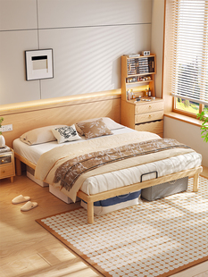 无床头实木床家用卧室1米8排骨架1米5架子原木风高脚齐边双人床架