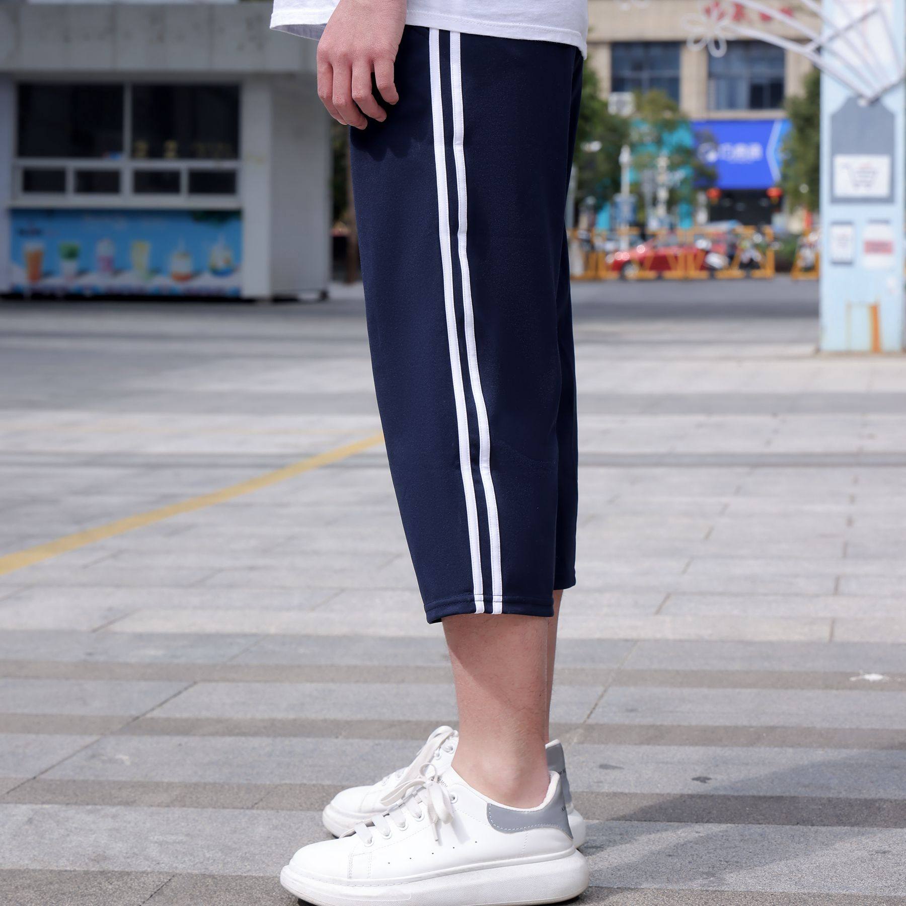 校服裤子两条杠七分裤宽松男女双杠白边夏季两道杠初高中学生校裤