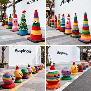 冬季户外彩色毛线缠绕路障石墩雪糕筒圣诞创意手工编织装饰材料包