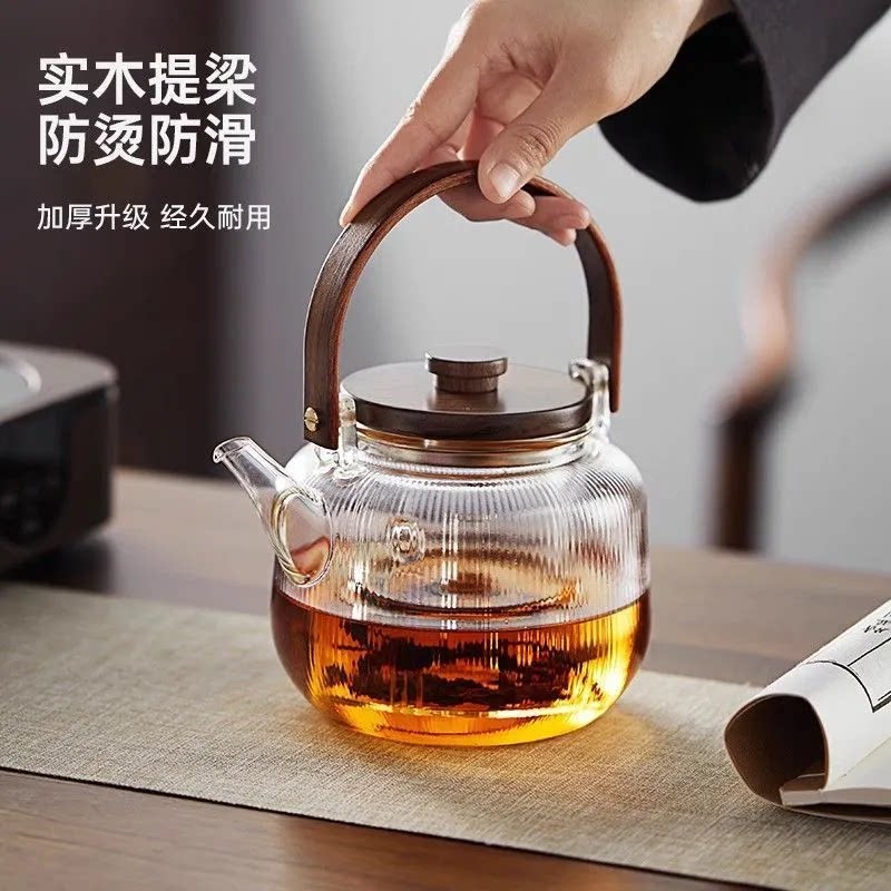 实木高硼硅玻璃泡茶壶围炉煮茶防烫高温电陶炉茶水分离手工提梁壶