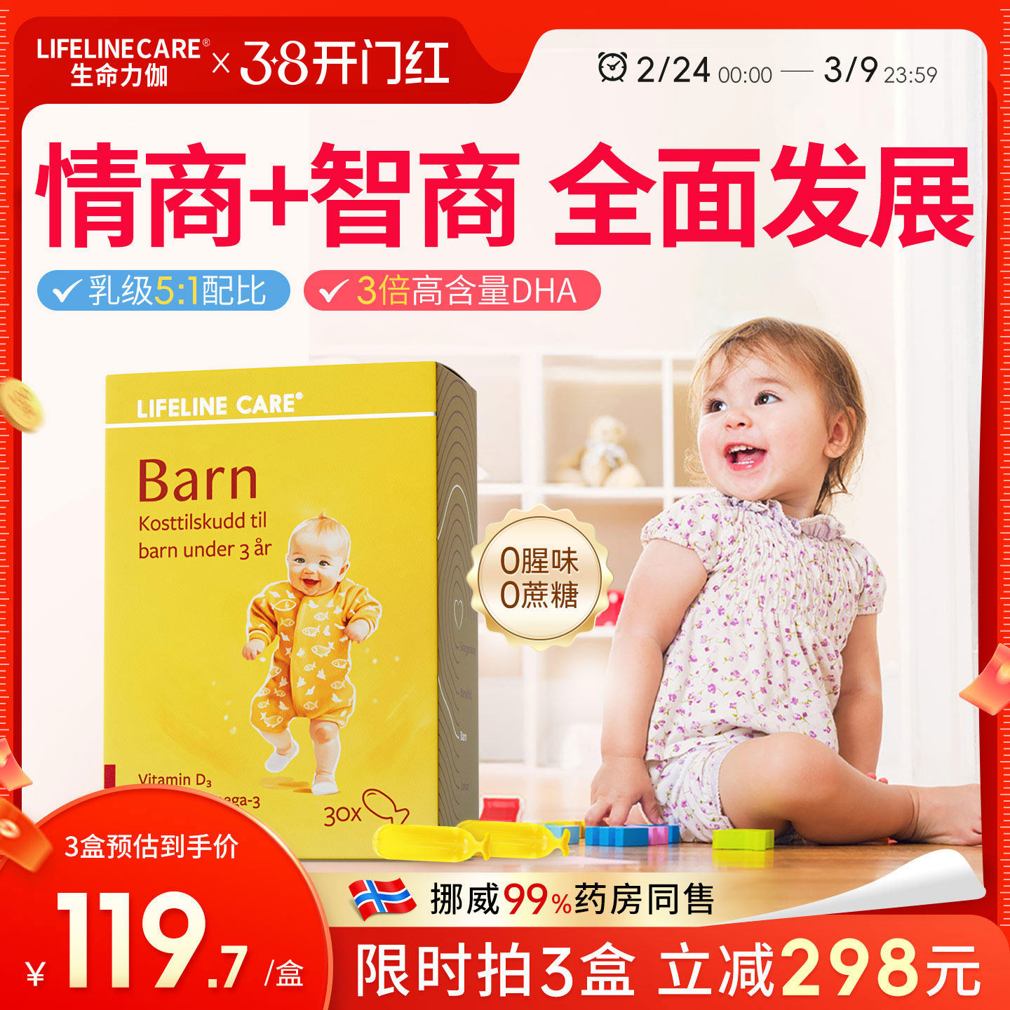 LifelineCare挪威小鱼婴幼儿深海鱼油欧米茄3dha儿童营养补脑宝宝