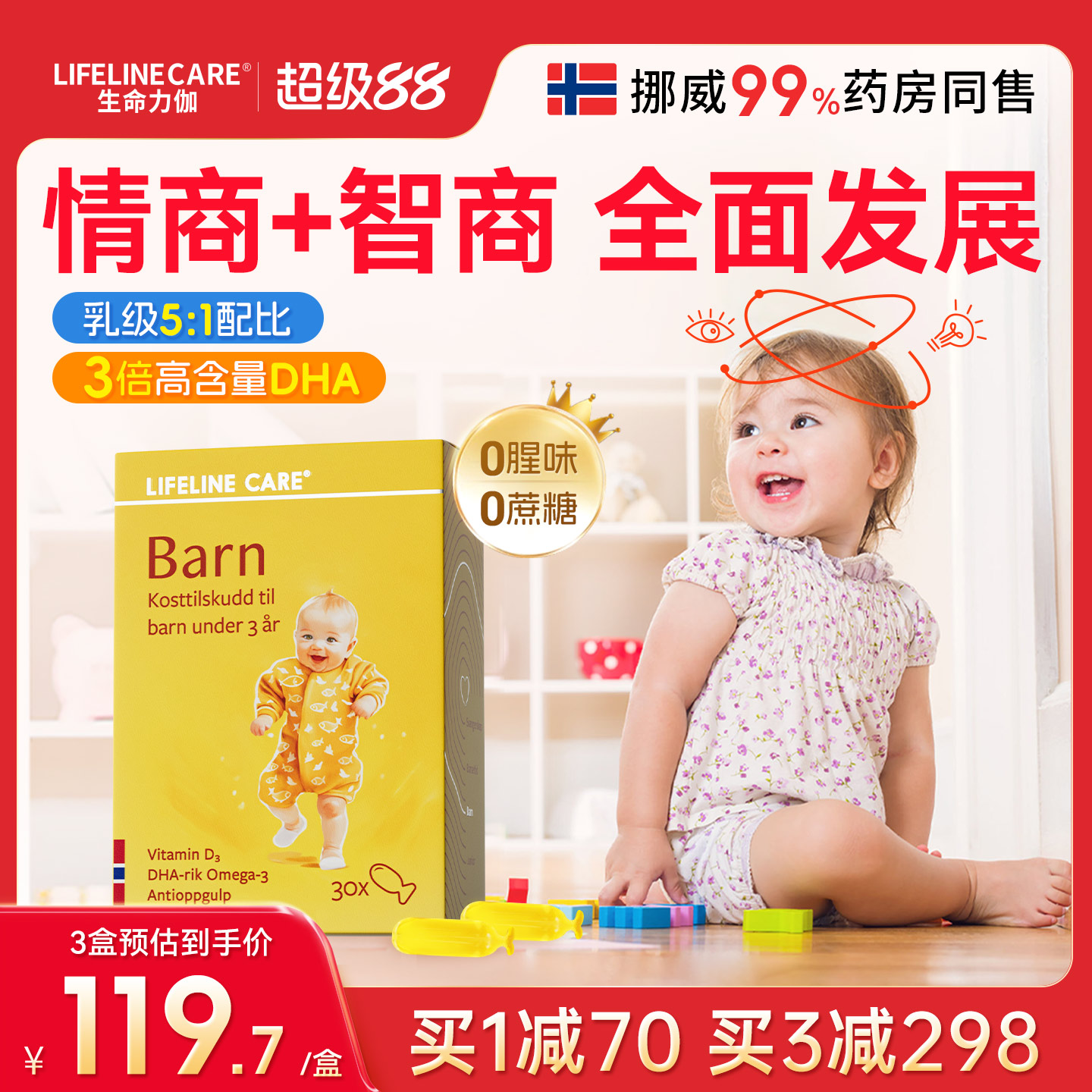 LifelineCare挪威小鱼婴幼儿深海鱼油欧米茄3dha儿童营养补脑宝宝