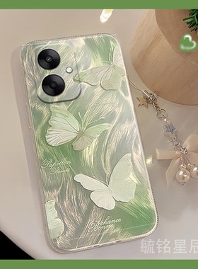 新款2024夏天绿色蝴蝶适用小米redmi红米13c手机壳12透明硅胶的10链条9挂件10XPro小众8高级感7羽纱6/4/A/X/C