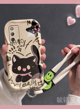 新款卡通黑色猫咪适用三星Note20Ultra手机壳Note20奶油纹A55全包A54防摔A53挂绳A52/S不撞壳A73/A72/A32/A35