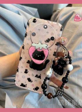 适用华为荣耀x60i+手机壳x60新款x50i十x40gt竞速版x30max黑色x20se小猫x10带支架x9c挂绳防摔高级感硅胶小众