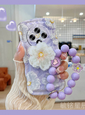 新款油画紫色花朵适用OPPOA3手机壳A3Pro带支架的A2Pro挂链A1Pro爆款A1i韩系ins透明硅胶opp0波浪边A1s女0ppo