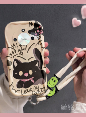 新款卡通黑色猫咪适用华为荣耀x50i+手机壳十X40GT奶油纹x50全包X30防摔X30i带挂绳的X40i不撞壳X20SE小众X10