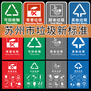 苏州垃圾分类标识贴纸可回收物厨余垃圾有害垃圾其他垃圾标识垃圾箱标识贴苏州市垃圾分类标签贴纸支持定做